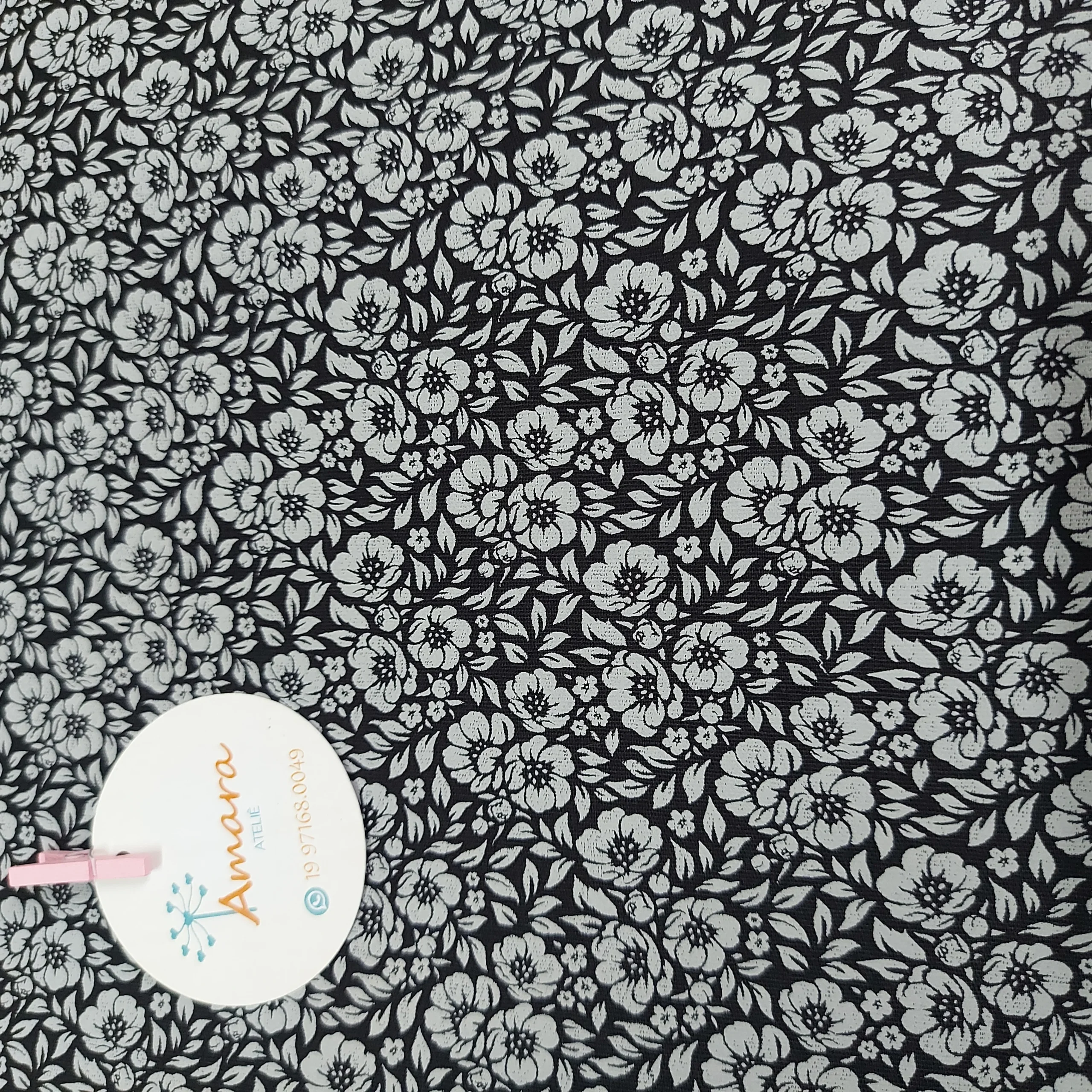 TRICOLINE FLORAL PRETO E CINZA- 100% ALGODÃO